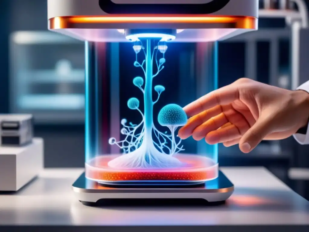 Bioimpresión de órganos humanos: Un bioprinter futurista crea un órgano con precisión, entre bioink y diseño moderno