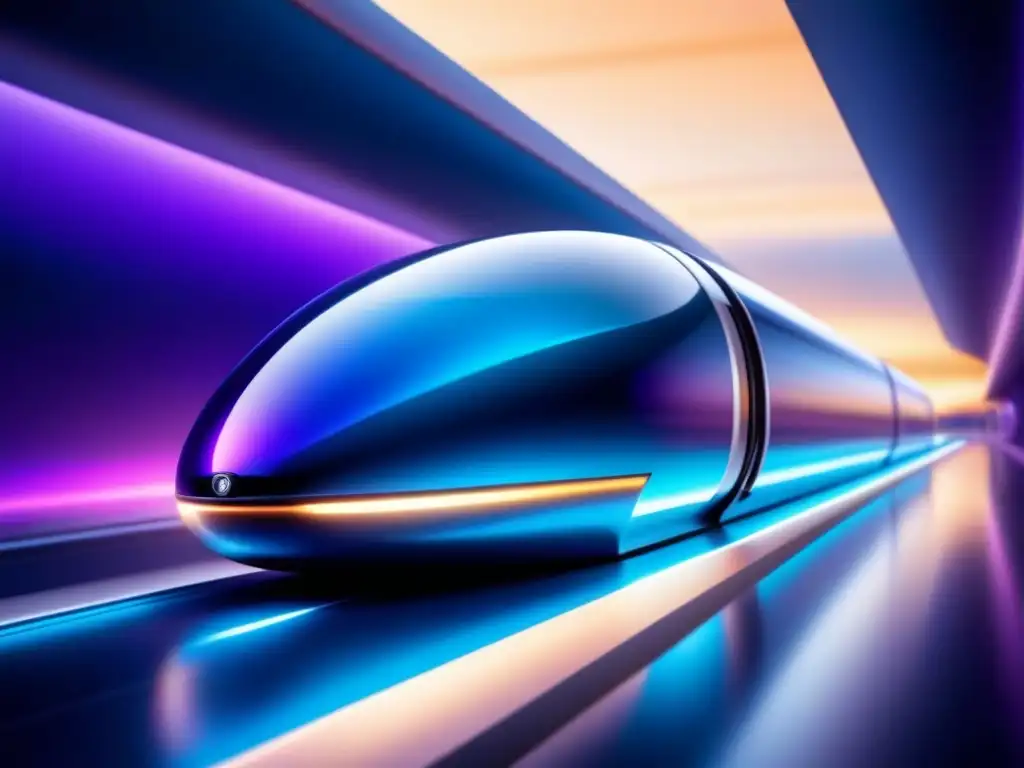 Hyperloop en movimiento: Desafíos seguridad velocidades ultrarrápidas, diseño futurista en tonos azules y morados