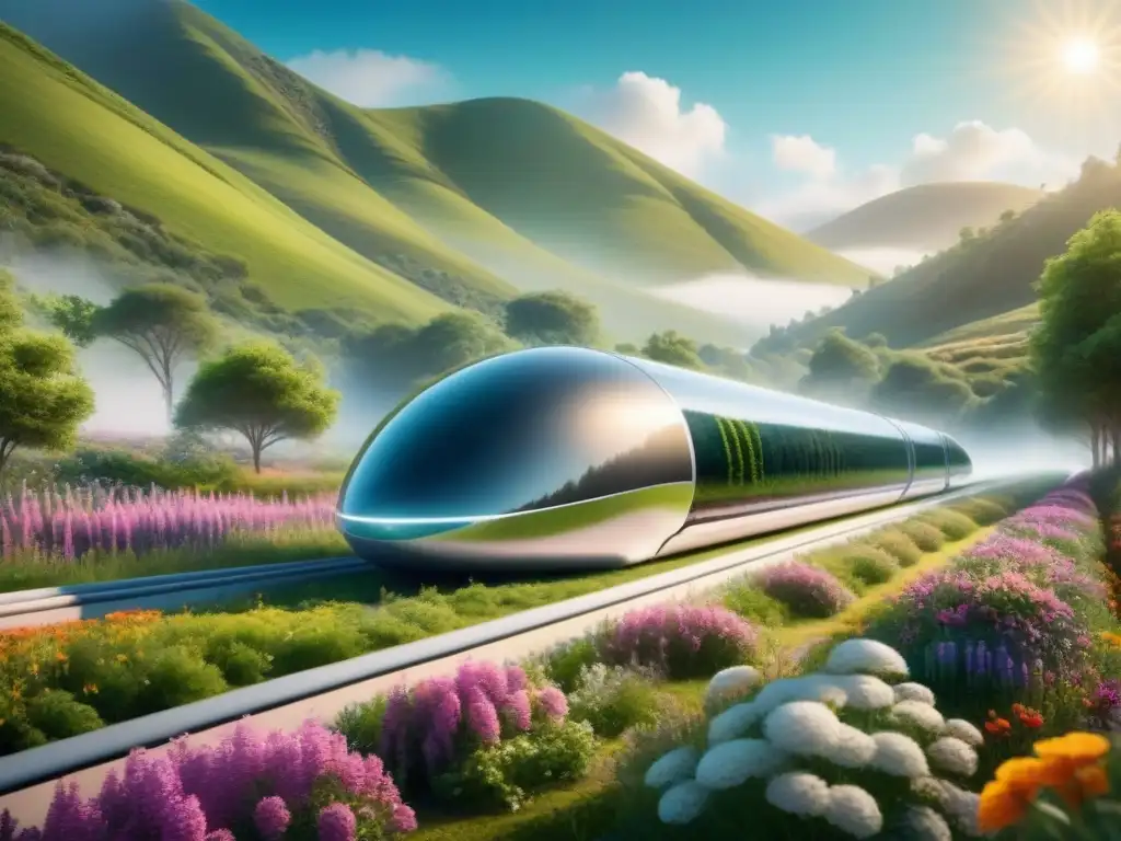 Hyperloop sostenible reduce huella carbono: Pod futurista en paisaje verde con paneles solares y flores vibrantes