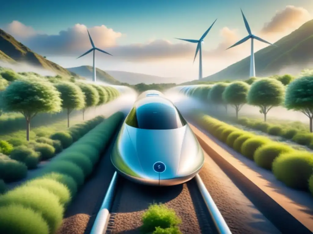 Hyperloop sostenible reduciendo huella de carbono: tren futurista en paisaje ecológico con paneles solares y turbinas eólicas