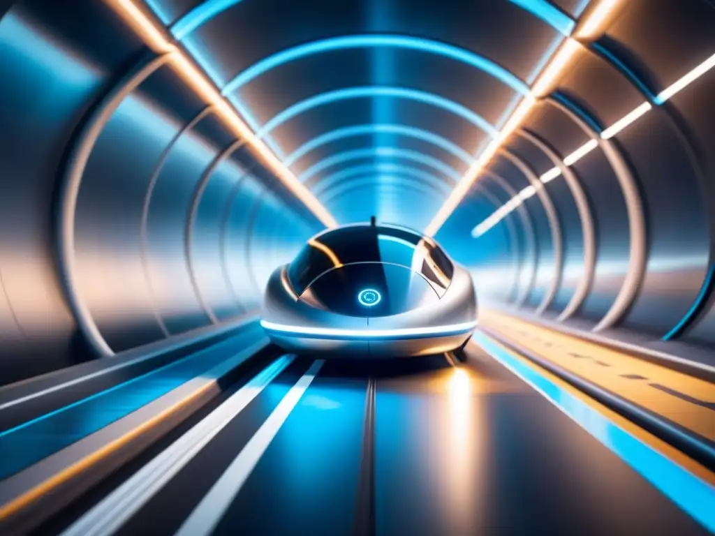 ícono de innovación: un pod Hyperloop plateado en un túnel oscuro, desafiando seguridad en velocidades ultrarrápidas