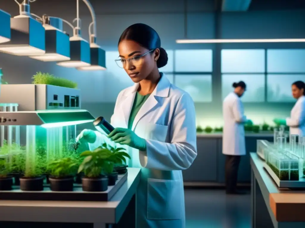 Una ilustración detallada de una diversa comunidad científica en un laboratorio de última generación, realizando experimentos de bioremediación