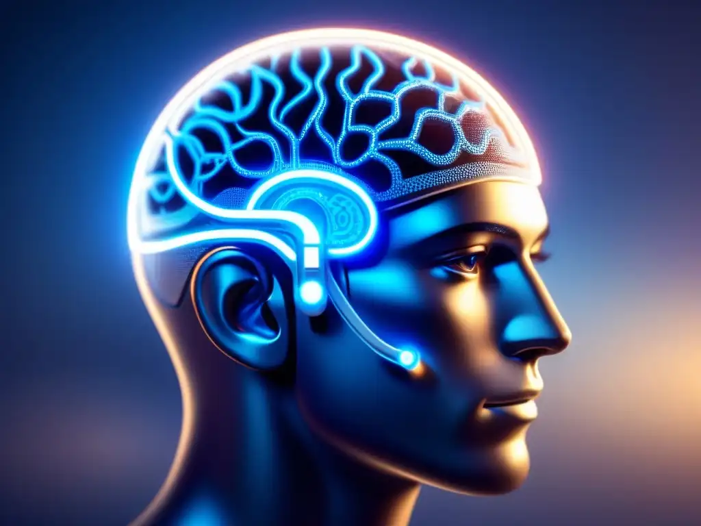 Una ilustración detallada de una interfaz neural plateada, conectada al cerebro humano con luces azules brillantes y patrones de circuitos