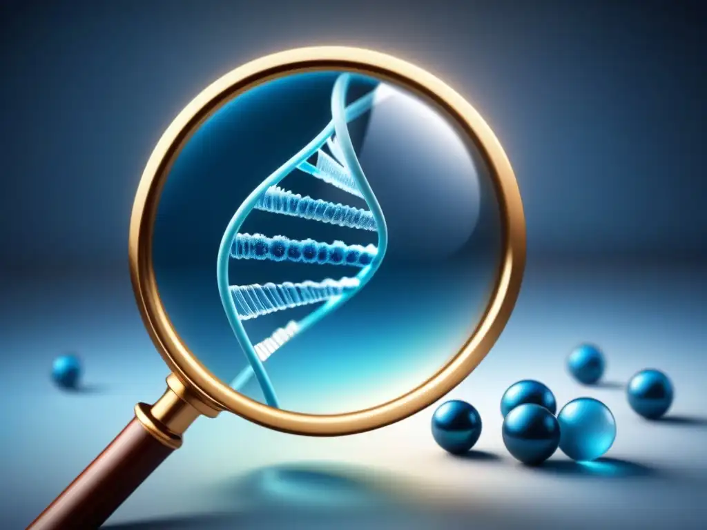 Examen detallado de código genético: Ética en investigación Una ilustración detallada de una lupa examinando delicadamente una doble hélice de ADN, con símbolos científicos entrelazados sutilmente en un fondo
