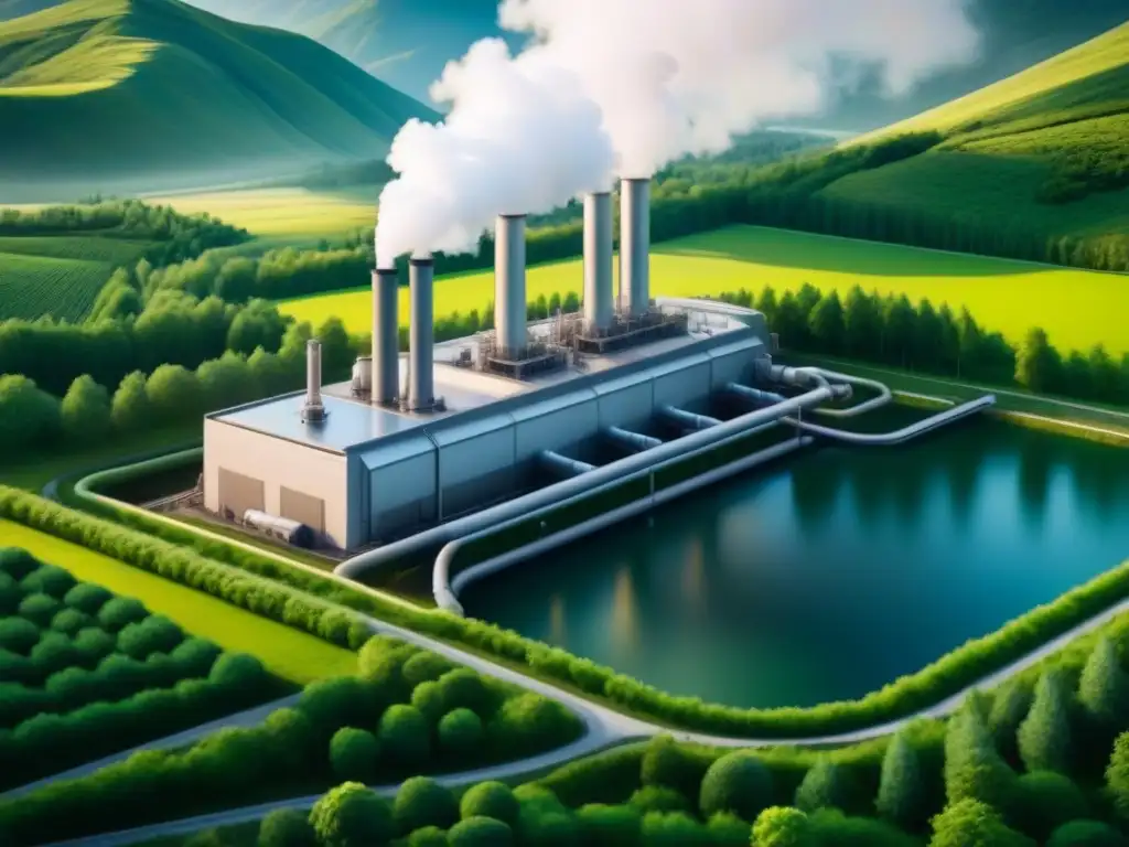 Una ilustración detallada y minimalista de una planta geotérmica industrial integrada en un paisaje verde exuberante