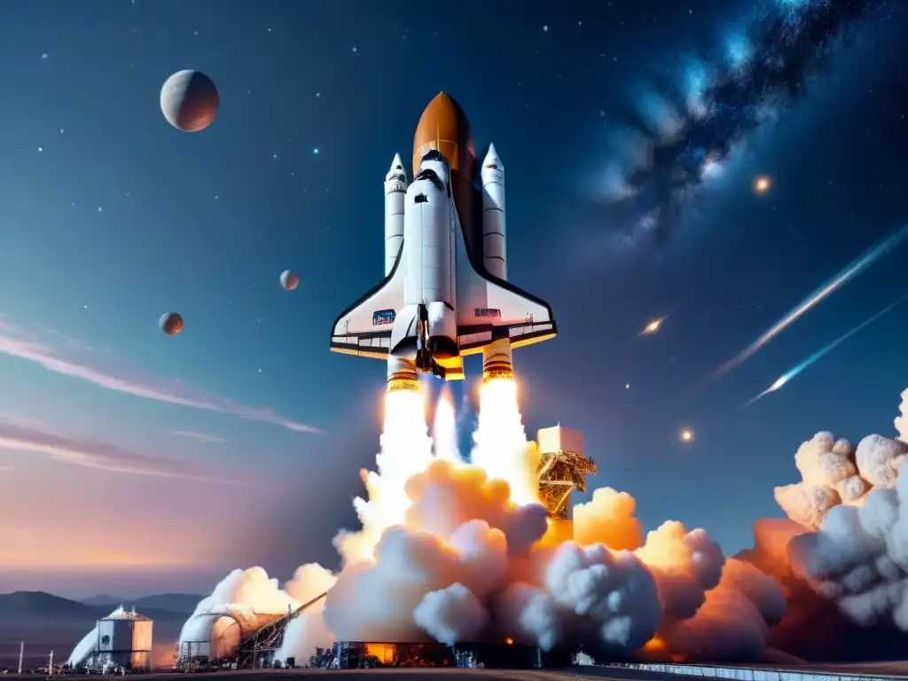 Exploración espacial: nave futurista surcando el cosmos Una ilustración detallada de una nave espacial futurista surcando el cosmos, rodeada de estrellas y galaxias