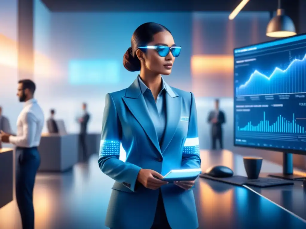 Una ilustración detallada de un sistema AI futuro analizando datos de clientes en un entorno empresarial moderno y elegante