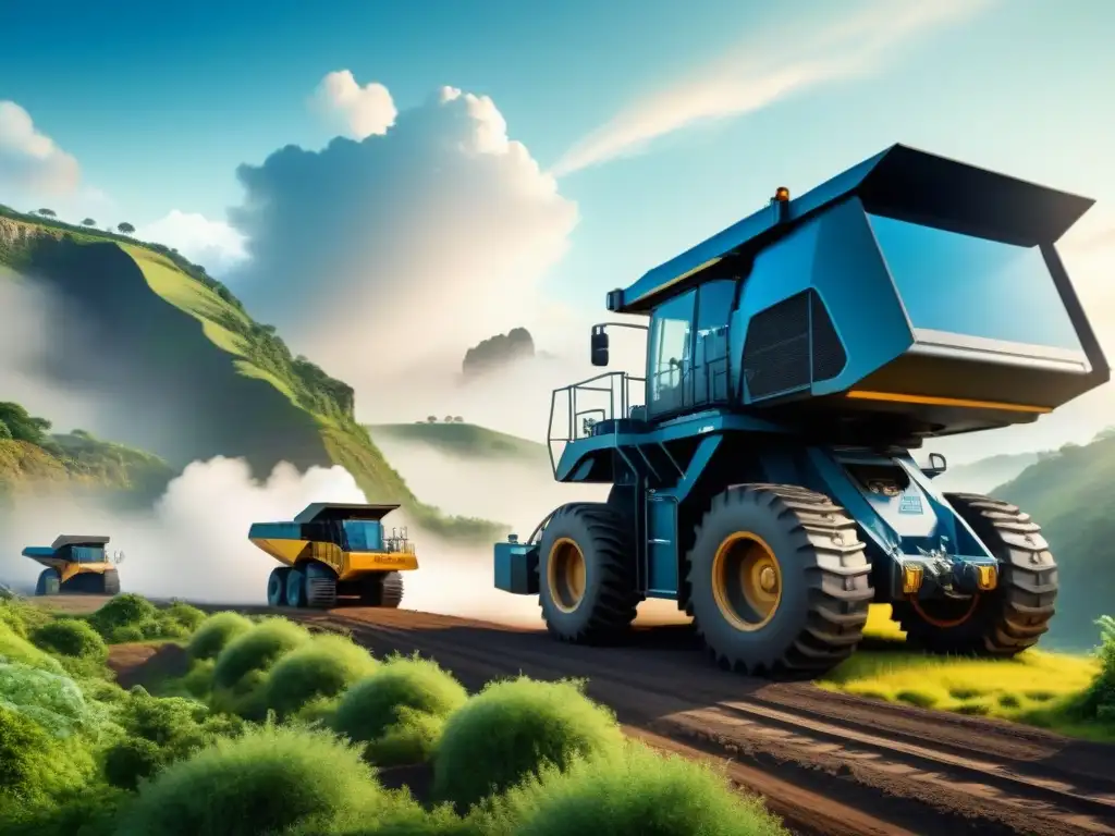 Minería futurista: maquinaria eco en entorno verde Una ilustración detallada de un sitio minero futurista con maquinaria ecológica rodeada de vegetación exuberante y cielos azules limpios