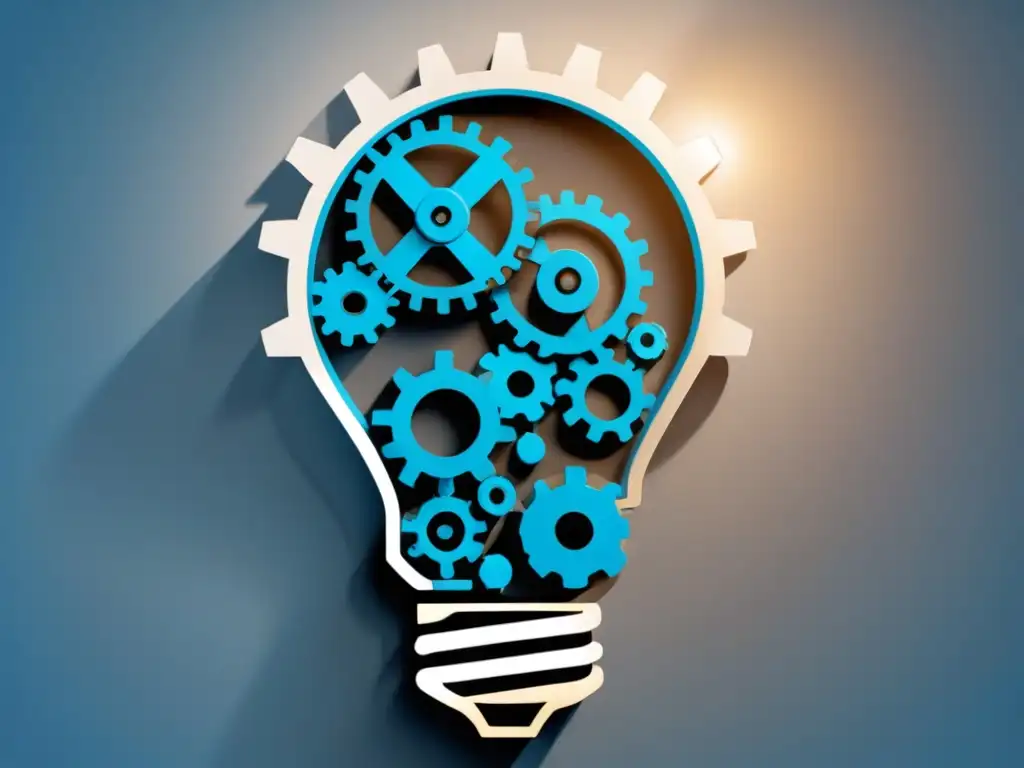 Una ilustración minimalista de una bombilla rodeada de engranajes y una lupa, simbolizando la importancia de las patentes en la innovación tecnológica