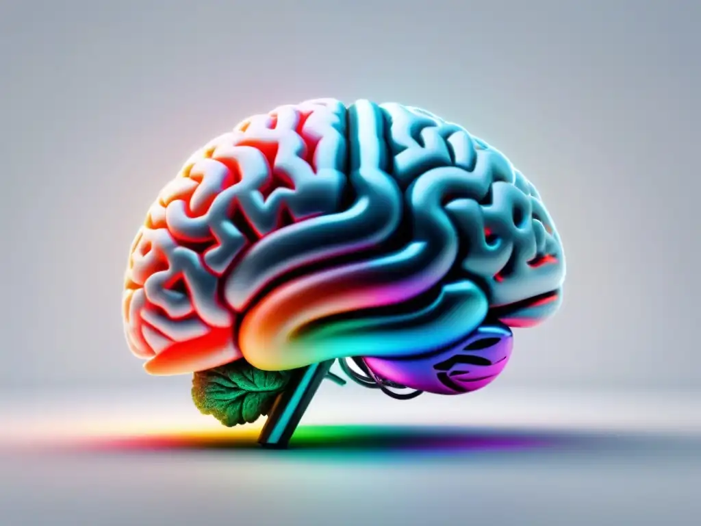 Una ilustración minimalista de un cerebro con conexiones neuronales vibrantes en un fondo blanco