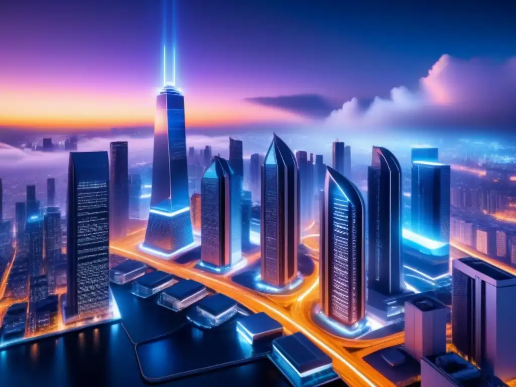 Una ilustración minimalista de una ciudad futurista de noche, con flujos de datos digitales entre rascacielos, simbolizando el análisis predictivo en industrias emergentes