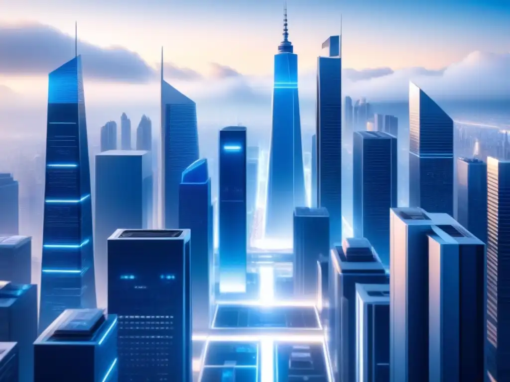 Una ilustración minimalista detallada de una ciudad digital futurista, con líneas de datos entre rascacielos, evocando innovación y tecnología