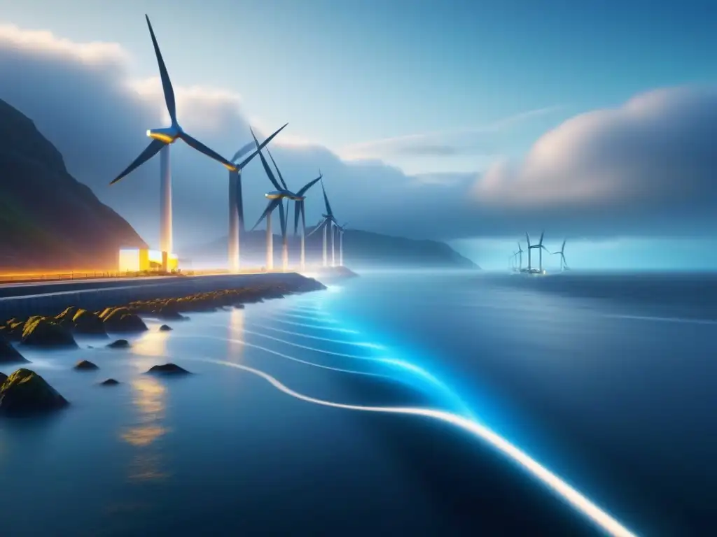 Planta de energía mareomotriz futurista en paisaje costero Una ilustración minimalista detallada de una moderna planta de energía mareomotriz integrada en un paisaje costero, destacando la transición energética global