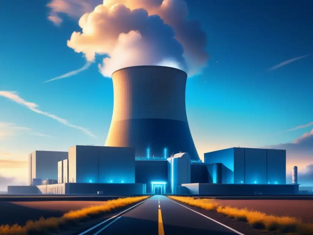 Una ilustración minimalista detallada de una moderna y futurista planta de energía nuclear, simbolizando tecnologías de seguridad en una era moderna