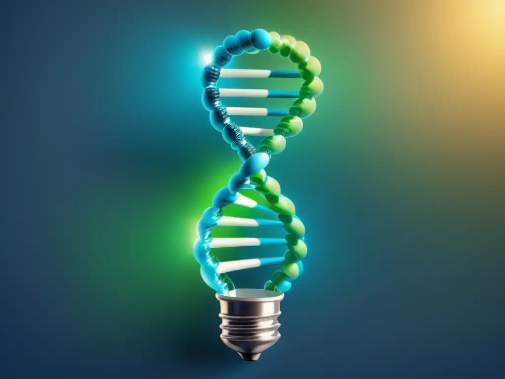 Una ilustración minimalista de una doble hélice de ADN entrelazada con una bombilla, simbolizando la innovadora intersección de regulaciones de biotecnología y estrategias de startups