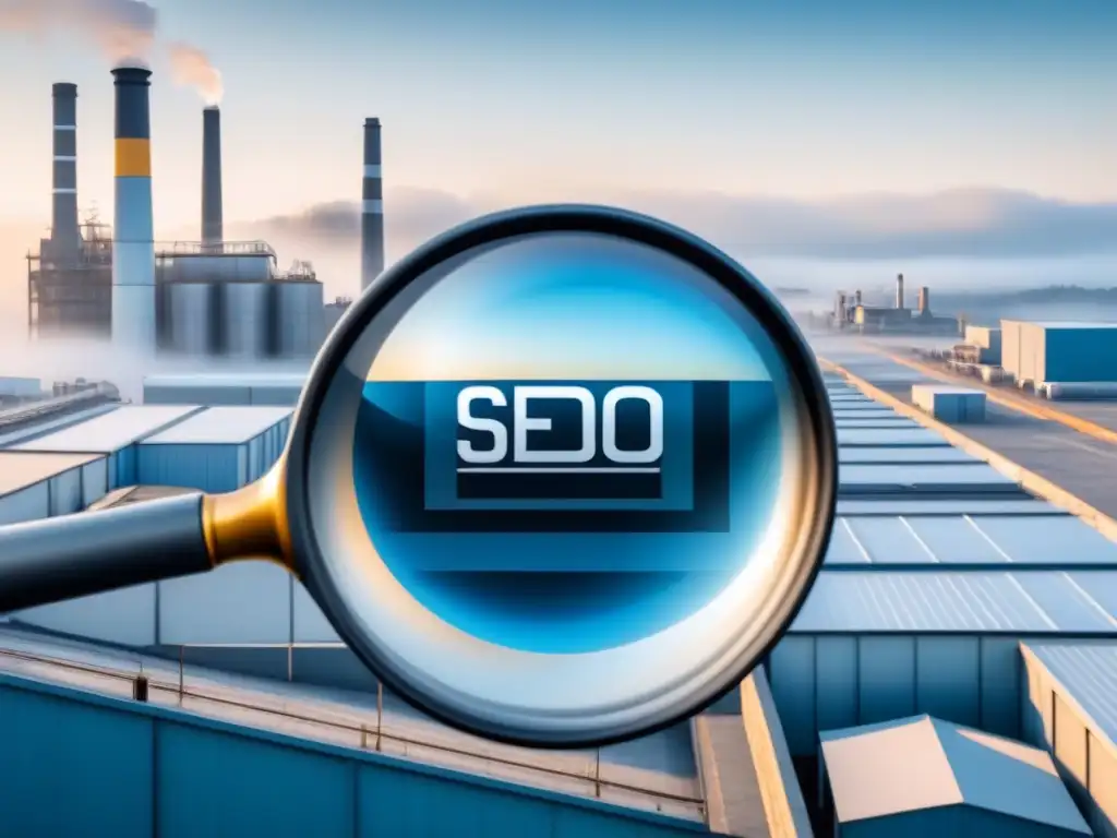 SEO estratégico en la industria: ¡Enfoque potente! Una ilustración minimalista y elegante de una lupa sobre tejados de fábricas, simbolizando una estrategia SEO para panorama industrial