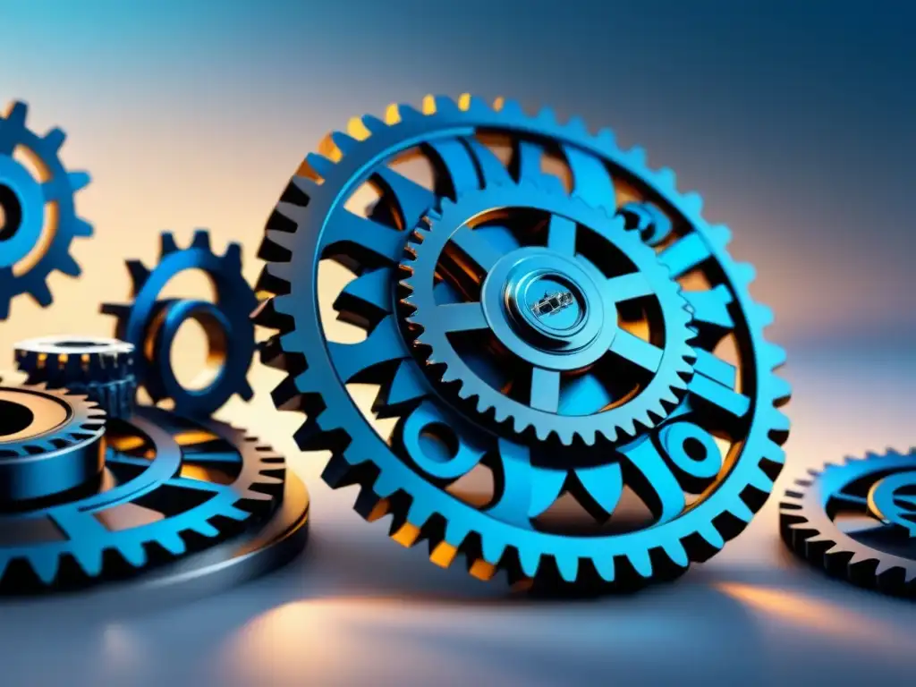 Integración de Blockchain y Seguridad Industrial: Gears en Azul Una ilustración minimalista de engranajes interconectados representando la integración de tecnología blockchain con seguridad industrial