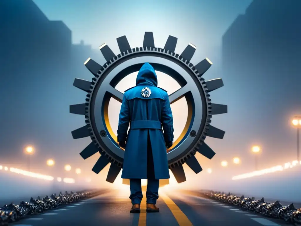Red de engranajes: integración de seguridad en infraestructuras críticas Una ilustración minimalista de engranajes interconectados, simbolizando la integración y coordinación en la cultura seguridad infraestructuras críticas