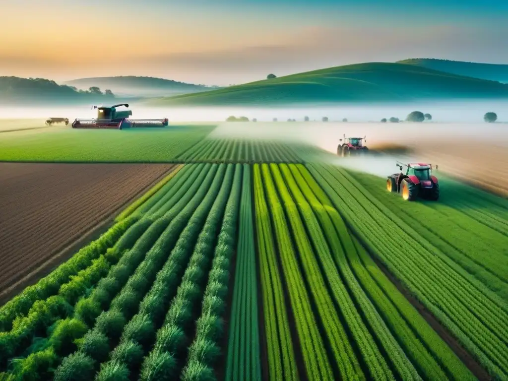 Una ilustración minimalista de una extensa zona rural con equipos agrícolas modernos como drones y tractores guiados por GPS en precisión