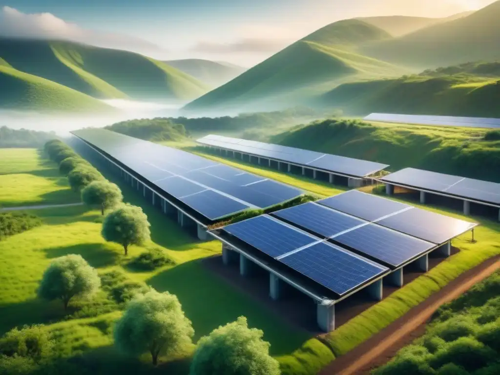 Una ilustración minimalista de una instalación minera moderna y ecológica en un paisaje exuberante y verde