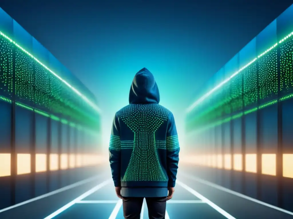 Una ilustración minimalista de nodos digitales interconectados simbolizando soluciones innovadoras para la escasez de expertos en ciberseguridad, con datos futuristas en azul y verde