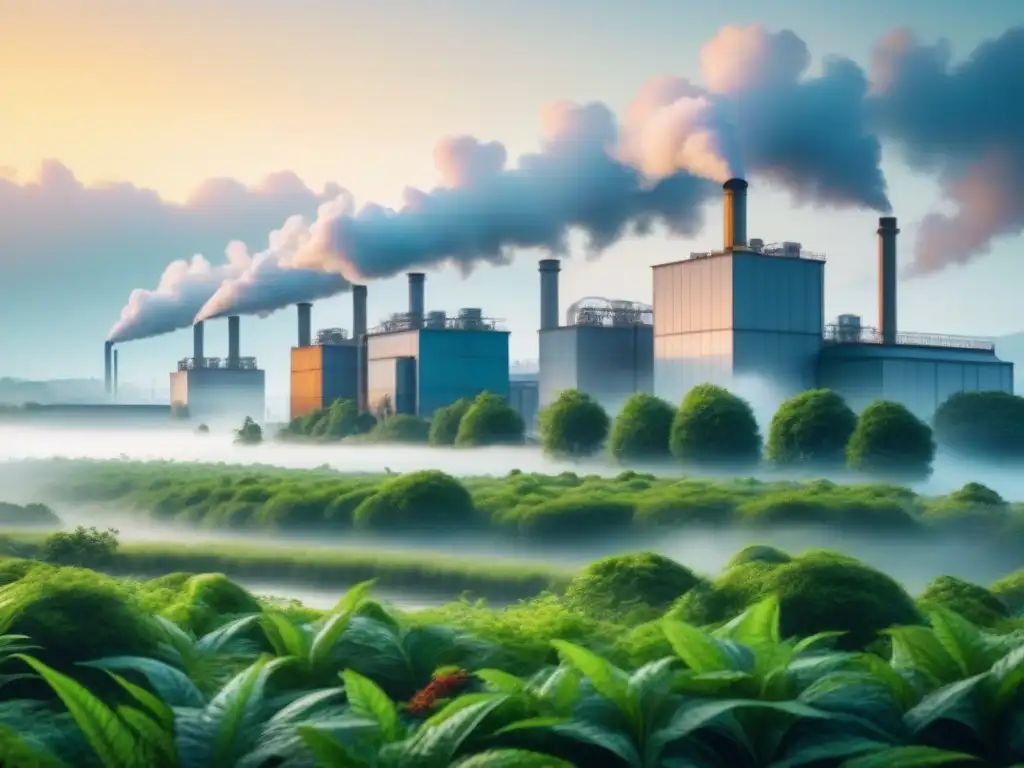 Una ilustración minimalista que muestra un paisaje industrial próspero integrado con vegetación exuberante, simbolizando la coexistencia armoniosa de prácticas de desarrollo sostenible y conservación ambiental a través de técnicas de biorremediación