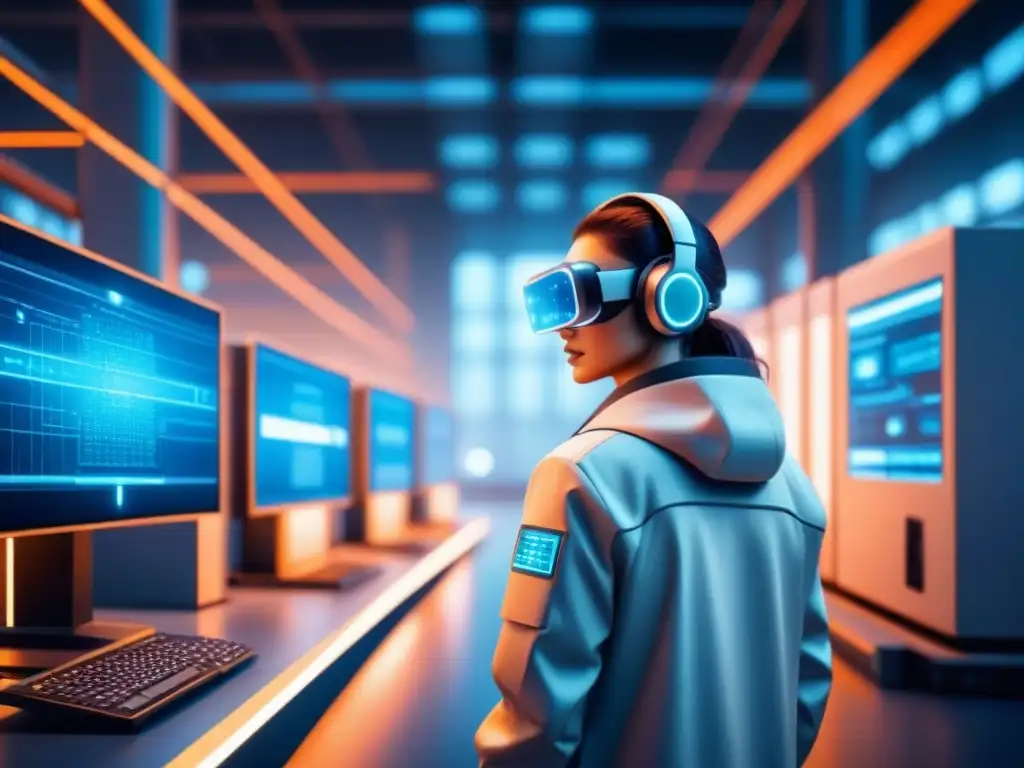 Una ilustración minimalista de una planta industrial futurista con redes digitales interconectadas, reflejando desafíos cibernéticos en industrias emergentes