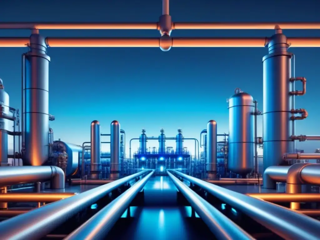 Una ilustración minimalista de una planta química simétrica con tuberías, válvulas y tanques interconectados, iluminados con una suave luz azul futurista