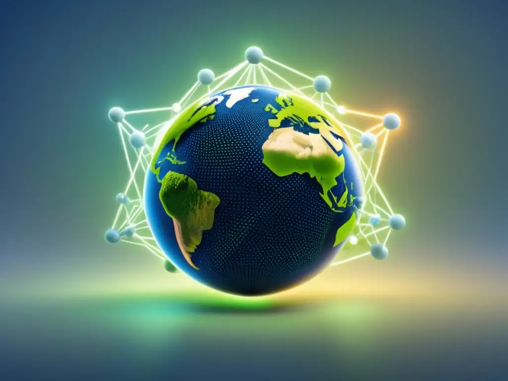 Una ilustración minimalista de una red global de cadenas de suministro con tecnologías emergentes interconectadas como IoT, IA y blockchain