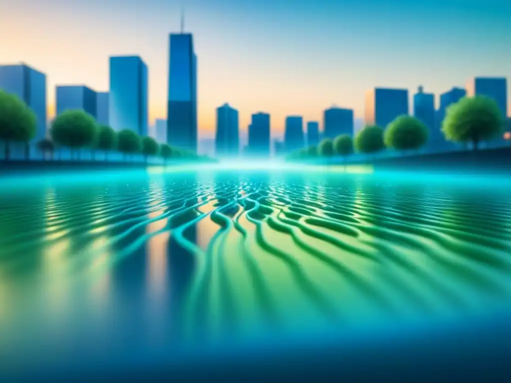 Una ilustración minimalista de sensores de agua interconectados en la ciudad, simbolizando IoT para sostenibilidad hídrica