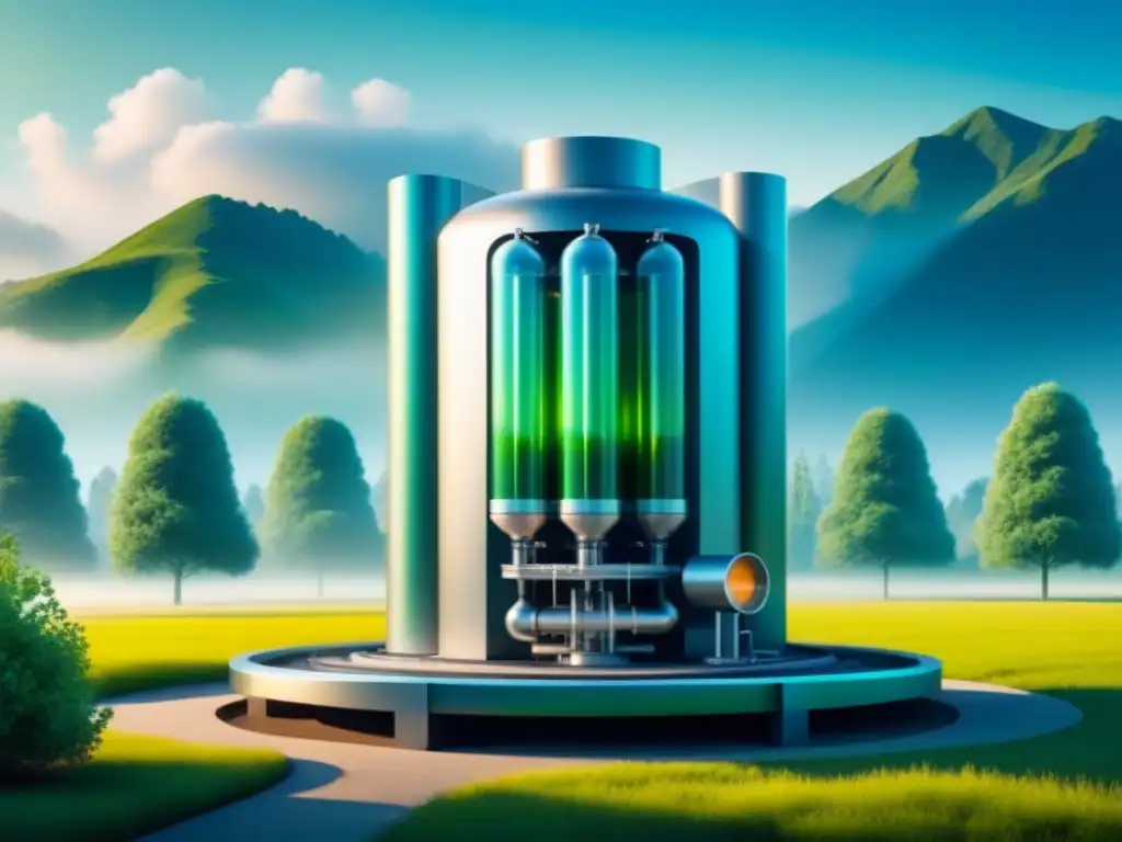 Una ilustración minimalista de un sistema de bioreactor futurista capturando CO2, con un paisaje verde vibrante