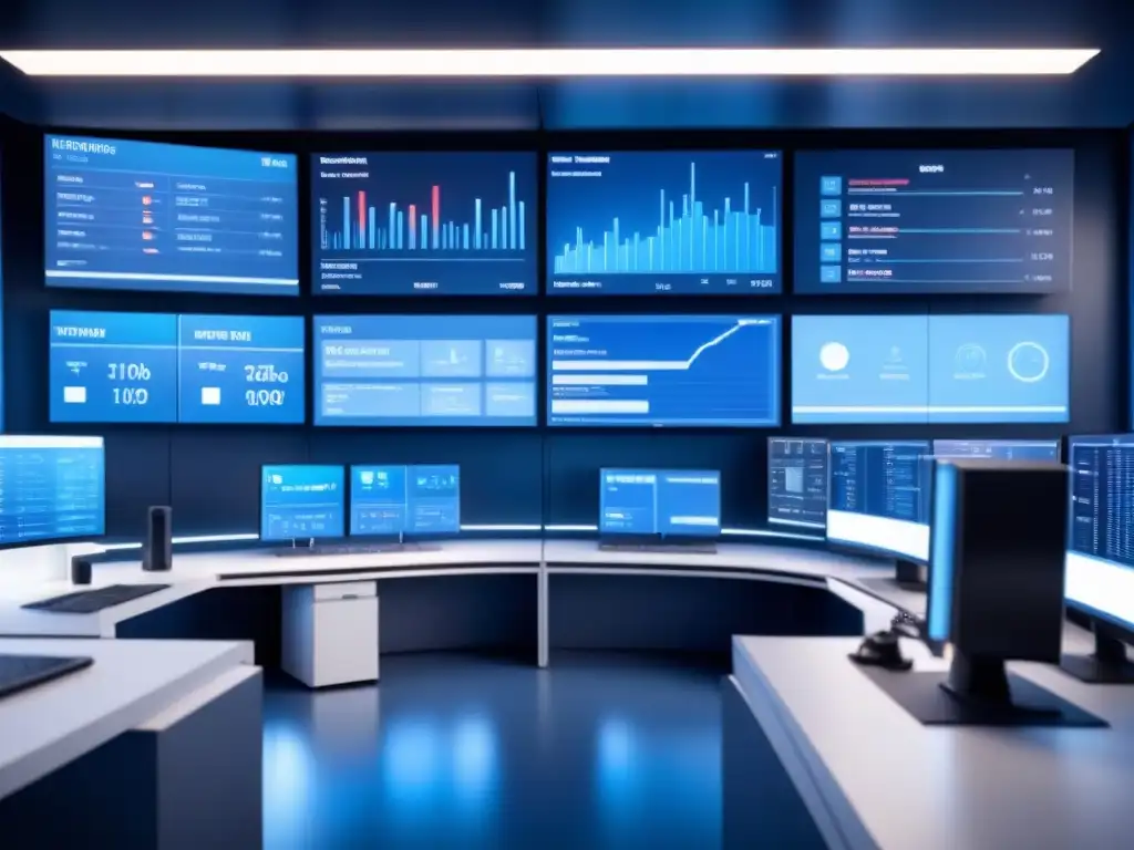 Una ilustración minimalista de un sistema de monitorización industrial de alta tecnología, mostrando datos y gráficos en una sala de control