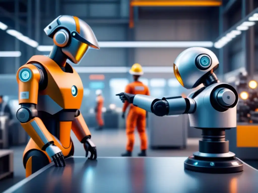 Colaboración segura: humano y robot en la industria Una ilustración minimalista de un trabajador y un robot colaborativo en un entorno industrial moderno, resaltando la seguridad laboral