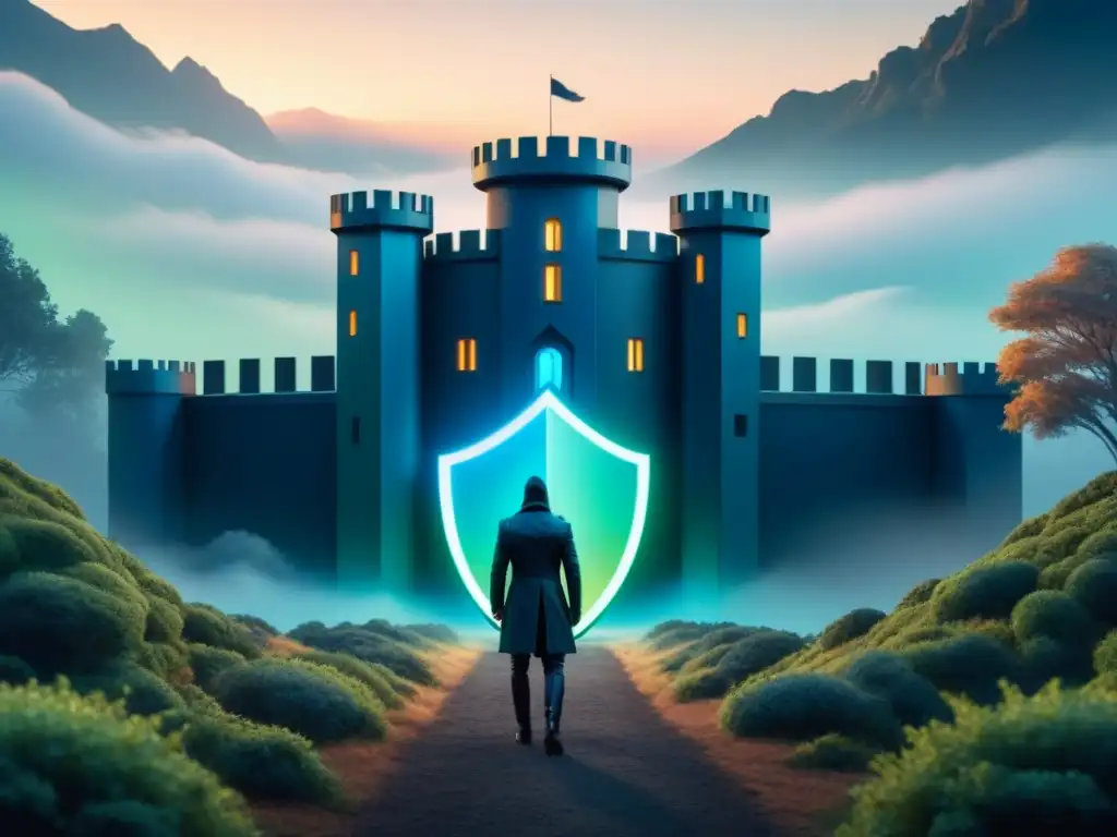 Fortaleza digital: protegiendo infraestructuras energéticas Una ilustración vanguardista de una fortaleza digital rodeada de complejas capas de defensas de ciberseguridad, protegiendo infraestructuras energéticas críticas