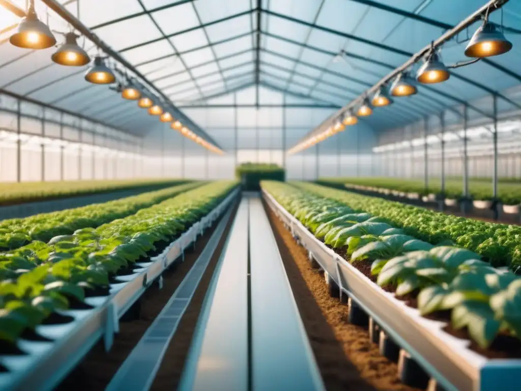 Una imagen de alta tecnología de un invernadero futurista lleno de cultivos, monitoreados por brazos robóticos