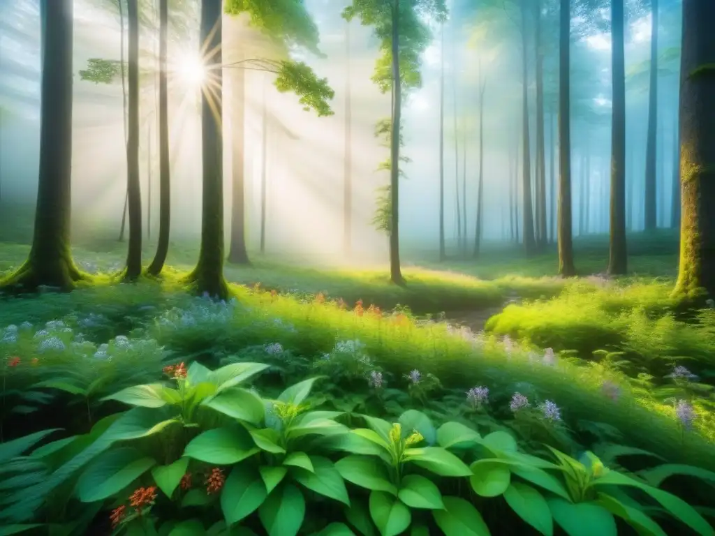 Imagen de un bosque exuberante con luz solar filtrándose entre el dosel, iluminando flores silvestres vibrantes en el suelo del bosque