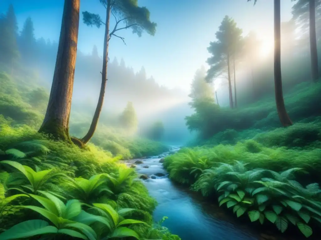 Imagen de un bosque sereno y vibrante con un arroyo, simbolizando la belleza natural preservada por técnicas minería sostenible