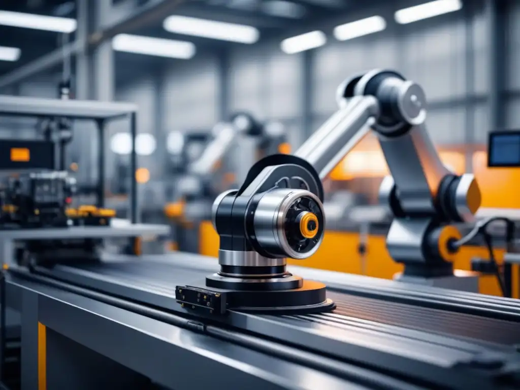 Robot industrial de alta tecnología en fábrica futurista Imagen de brazo robótico en fábrica moderna, mostrando integración de automatización para aumentar productividad manufactura