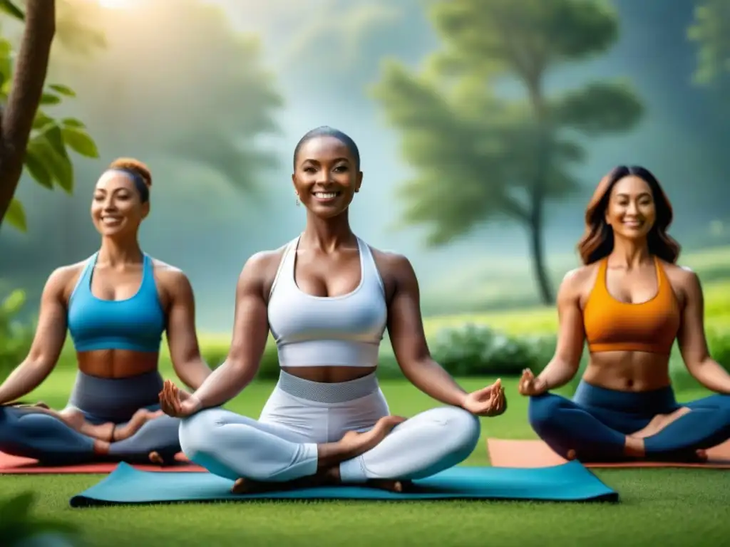 Una imagen de comunidad y bienestar con personas de diversas edades y etnias practicando yoga juntas en la naturaleza