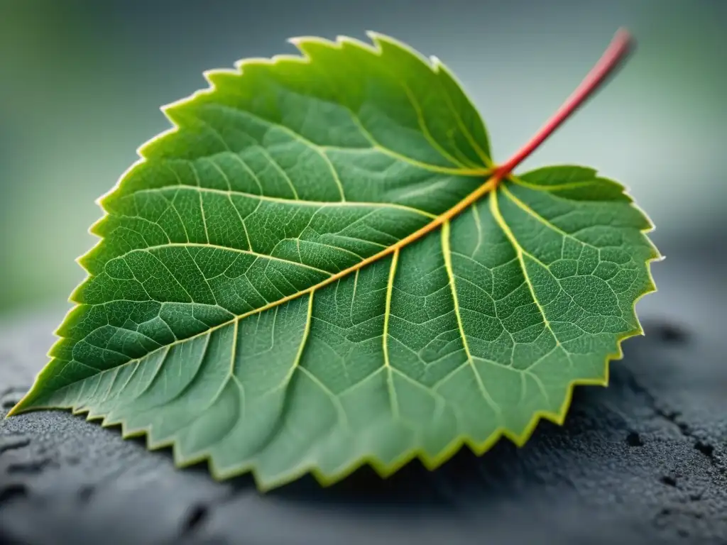 La imagen muestra la delicada red de venas de una hoja con signos de autoreparación, resaltando los materiales autoreparables impacto ambiental