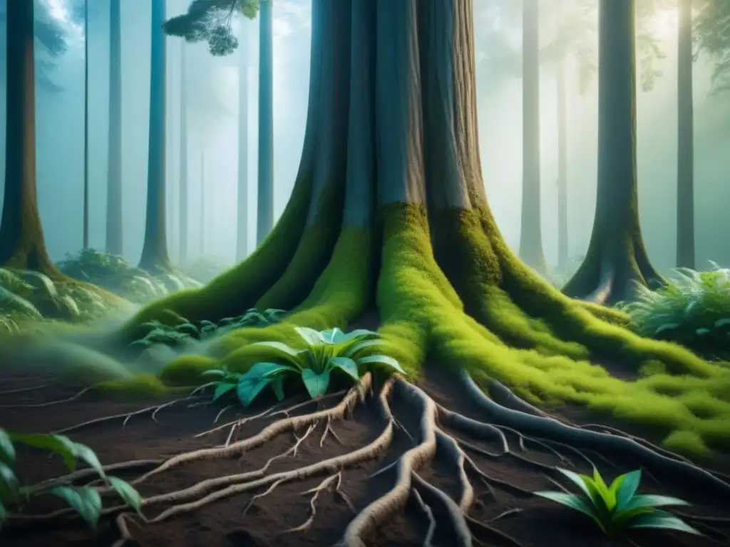 Imagen detallada de un bosque exuberante mostrando la bioremediación en acción