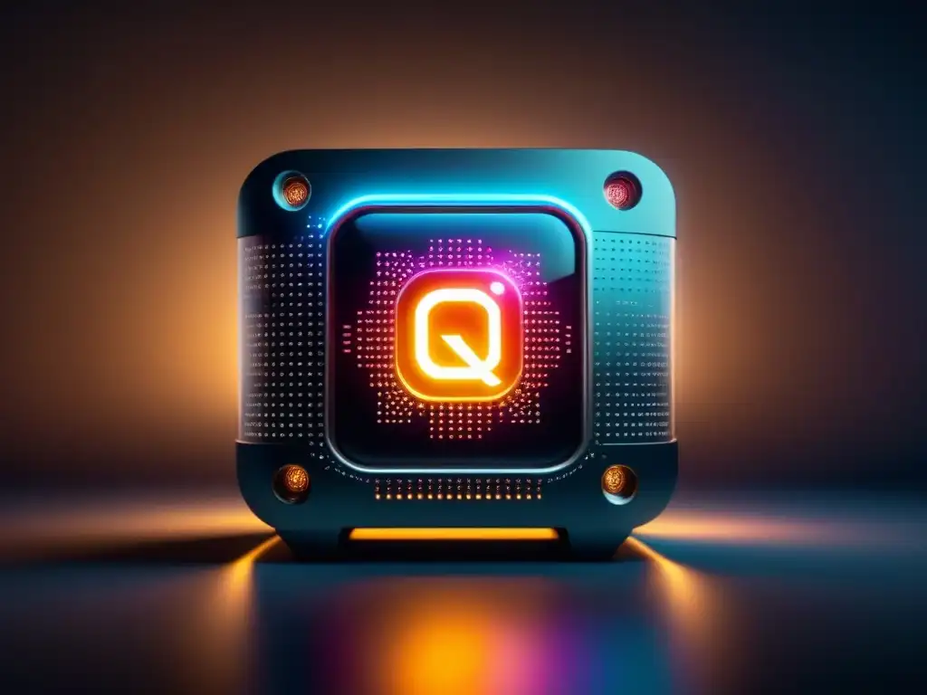 Quantum Computer Futurista en 8K: Poder Computacional Avanzado Una imagen detallada de una computadora cuántica futurista con patrones de circuitos brillantes, en un fondo oscuro