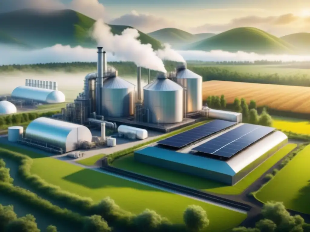 Biorefinería futurista: innovación sostenible en bioenergía Una imagen detallada en 8k de una futurista y elegante planta de biorefinería rodeada de un exuberante paisaje verde