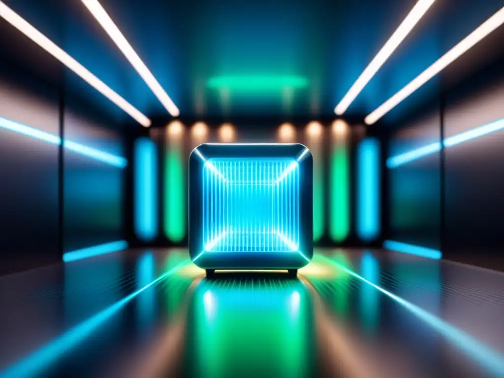 Imagen detallada de un futurista ordenador cuántico con luces azules y verdes, patrones de circuitos ebits cuánticos en diseño minimalista, ideal para criptografía cuántica protección datos