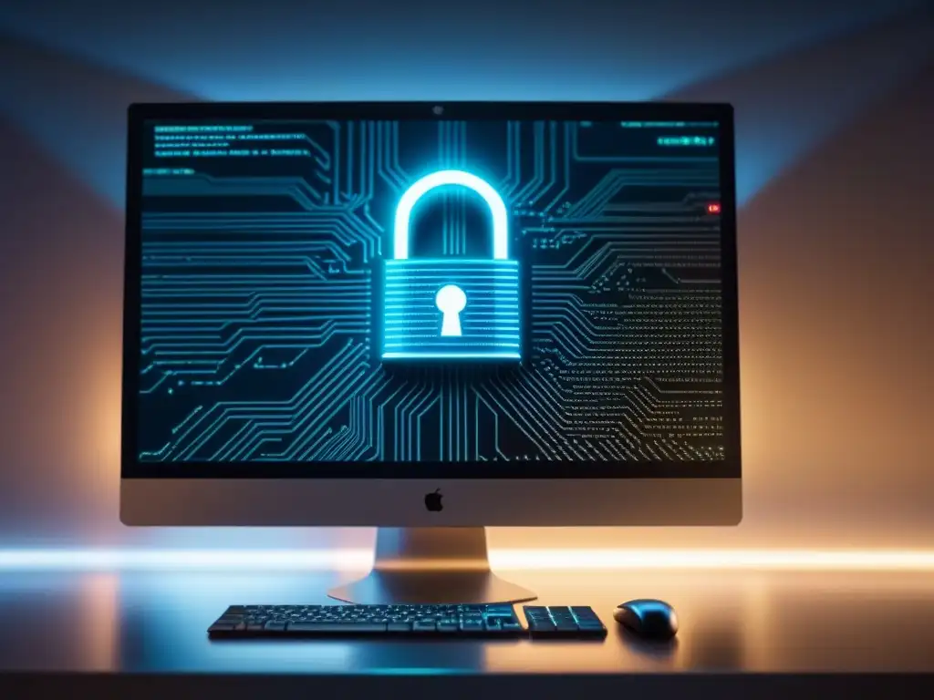 Imagen detallada en 8k de pantalla con código complejo en sala tenue, reflejo sutil de símbolo de candado digital