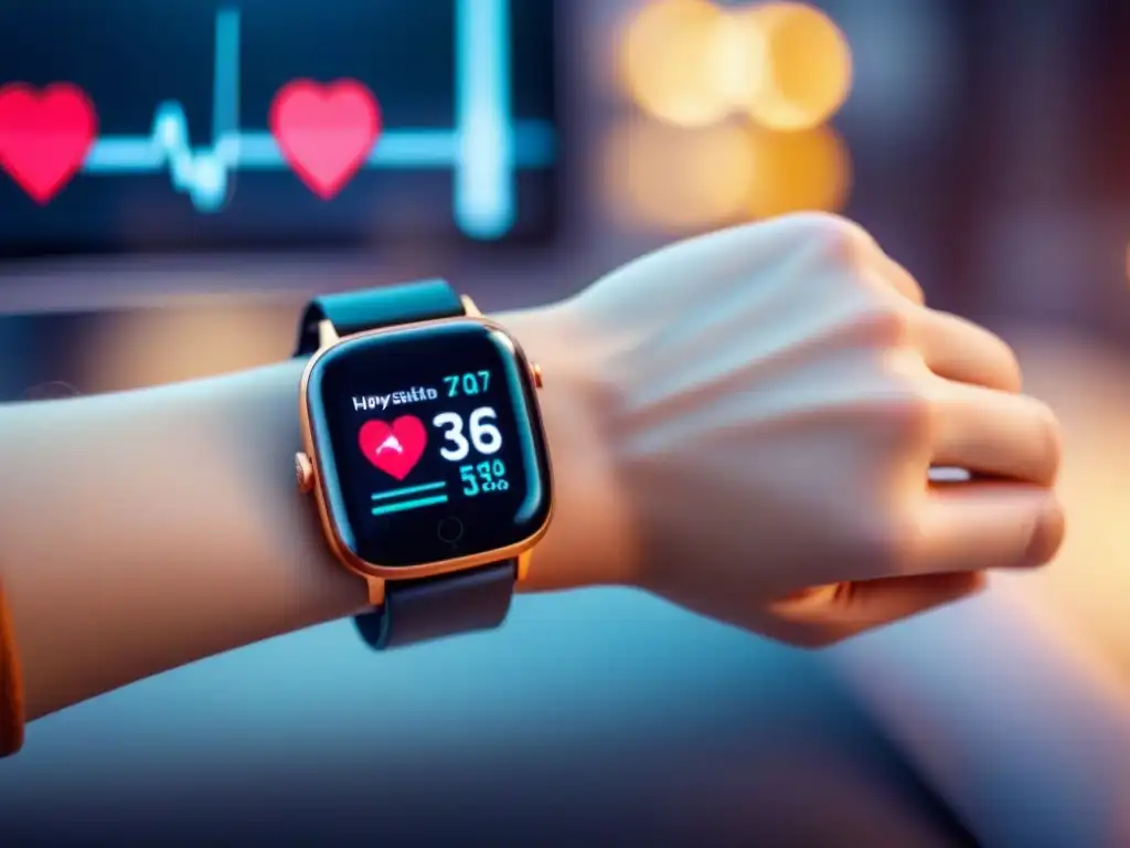 Una imagen detallada de una persona con un smartwatch mostrando sensores de salud y datos médicos