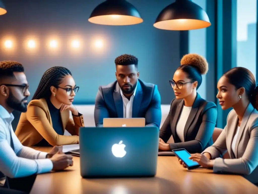 Una imagen 8k detallada de profesionales diversas en una reunión, colaborando con tecnología ERP