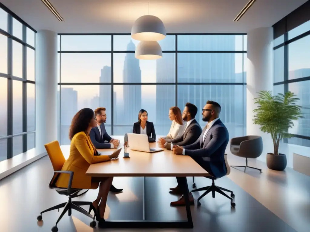 Una imagen elegante y minimalista de profesionales diversos en una sesión de lluvia de ideas en una oficina moderna, fomentando la innovación y la colaboración