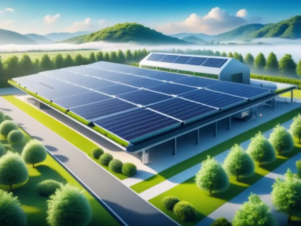 Fábrica inteligente sostenible: innovación ecoamigable Imagen de fábrica inteligente sostenible con maquinaria eficiente rodeada de vegetación y paneles solares bajo cielo azul claro