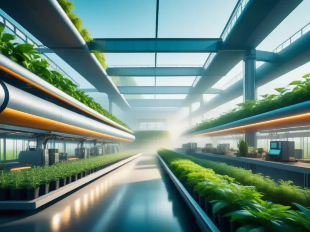 Imagen futurista de planta industrial con estructuras metálicas y vegetación, mostrando la integración de tecnología avanzada y naturaleza